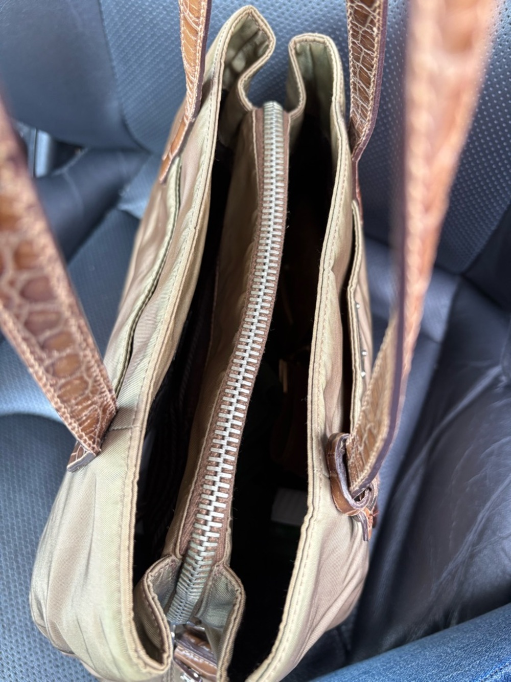 Prada Brown Nylon Shoulder Bag with Crocodile Leather Trim Silver hardware - Picture 3 of 7